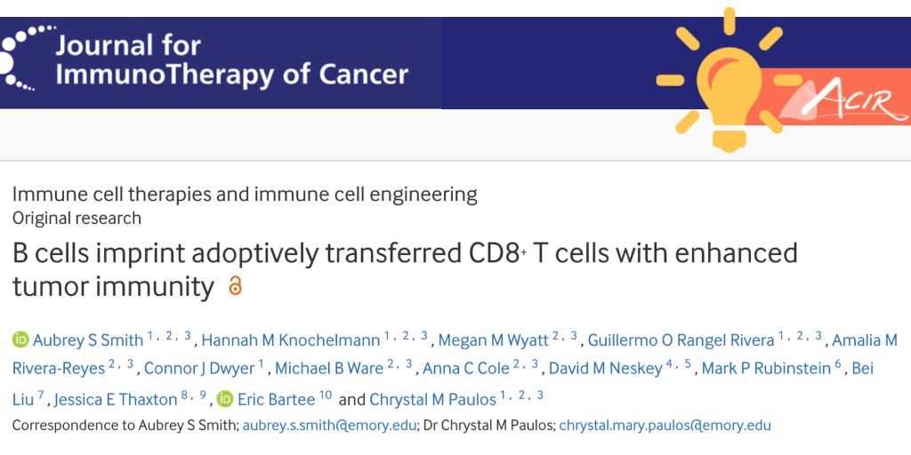 ACIR (@acir_org) on Twitter photo SPOTLIGHT: B cells imprint adoptively transferred CD8 + T cells with enhanced tumor immunity <a href="/PaulosLab/">Paulos Lab</a> <a href="/Aubrey_Smith04/">Aubrey Smith, PhD</a> <a href="/WinshipAtEmory/">Winship Cancer Institute of Emory University</a>. Originally published in <a href="/jitcancer/">Journal for ImmunoTherapy of Cancer</a>. To read our summary, click ow.ly/xMuO50HEwpw and scroll all the way down. SPOTLIGHT: B cells imprint adoptively transferred CD8 + T cells with enhanced tumor immunity <a href="/PaulosLab/">Paulos Lab</a> <a href="/Aubrey_Smith04/">Aubrey Smith, PhD</a> <a href="/WinshipAtEmory/">Winship Cancer Institute of Emory University</a>. Originally published in <a href="/jitcancer/">Journal for ImmunoTherapy of Cancer</a>. To read our summary, click ow.ly/xMuO50HEwpw and scroll all the way down.
