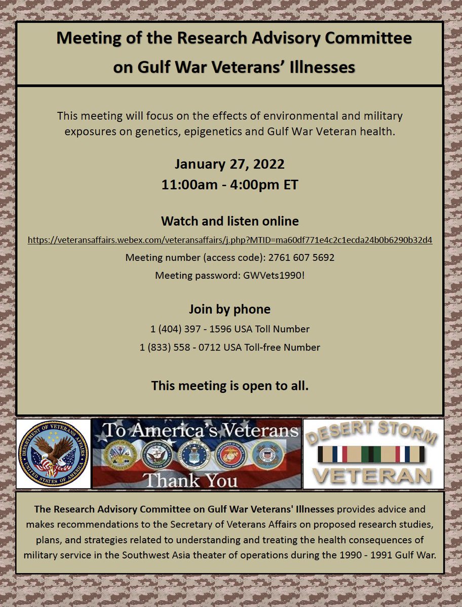 Doc4Deployed's tweet image. Join the Research Advisory Committee on Gulf War Veterans&apos; Illnesses as we discuss the effects of environmental and military exposure on Gulf War Veteran health tomorrow at 11am ET.  This meeting is open for all. The flyer contains more information.
#vethealth #gulfwar