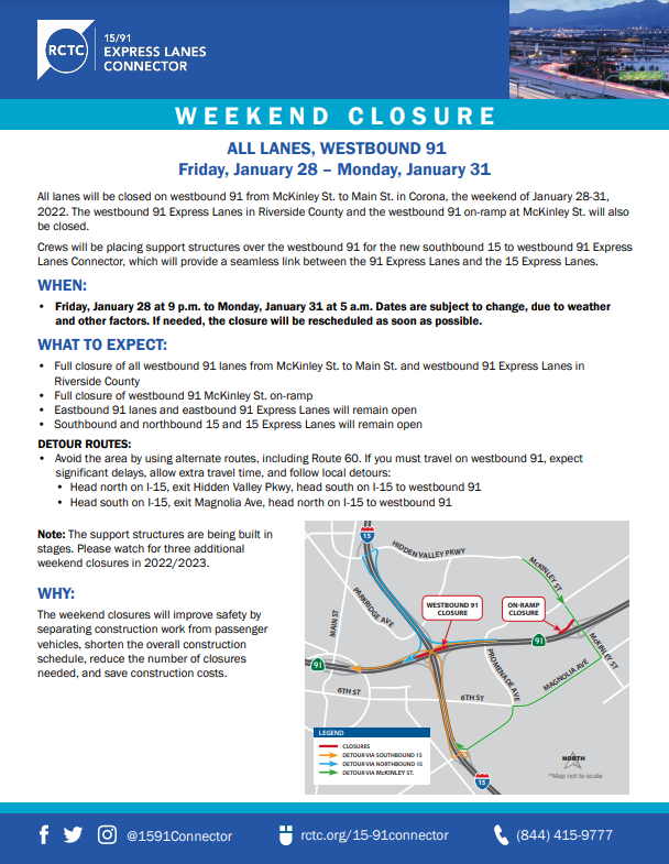 GeneralRoth's tweet photo. #WeekendClosure: Last weekend’s planned closure of westbound 91 in Corona from McKinley Ave to Main St has been rescheduled for this weekend:
🚧Friday, Jan. 28 at 9 PM to Monday, Jan. 31 at 5 AM
🚧Learn more at https://t.co/drO3cVtDps https://t.co/eHOEARYDqe
