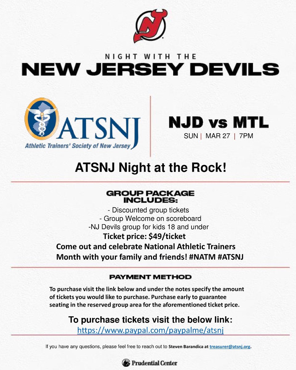 Calling all hockey fans! 🏒Join ATSNJ for a night of fun <a href="/PruCenter/">Prudential Center</a> watching the <a href="/NJDevils/">New Jersey Devils</a>! To purchase tickets go to: atsnj.org/events/atsnj-n…