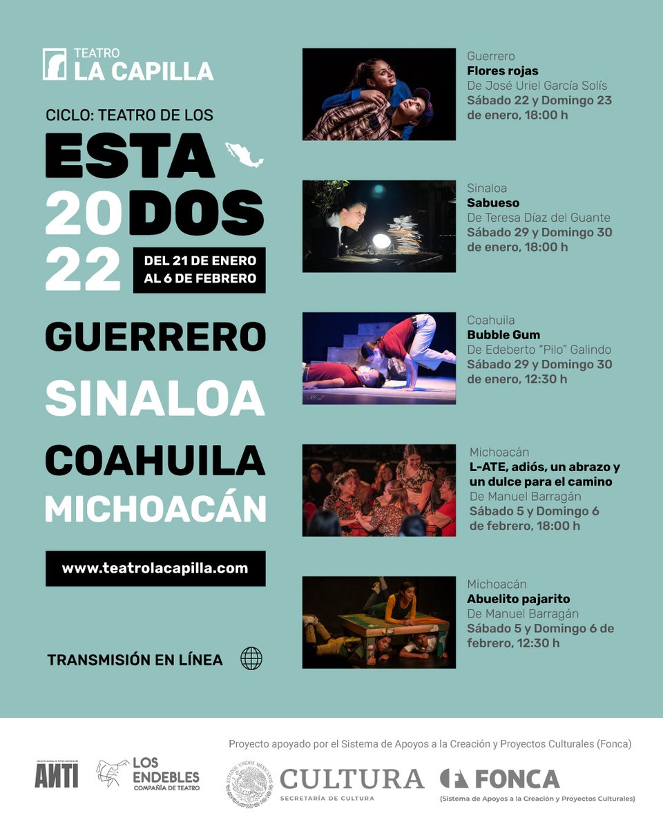 ¡No te pierdas los dos estrenos que tendremos este #findesemana! Ambos forman parte de nuestro Ciclo Teatro de los Estados, que por esta ocasión serán completamente virtuales, con lo que podrás disfrutarlos desde cualquier parte del 🌏🌍🌎. 

Aquí abajito toda la info👇
