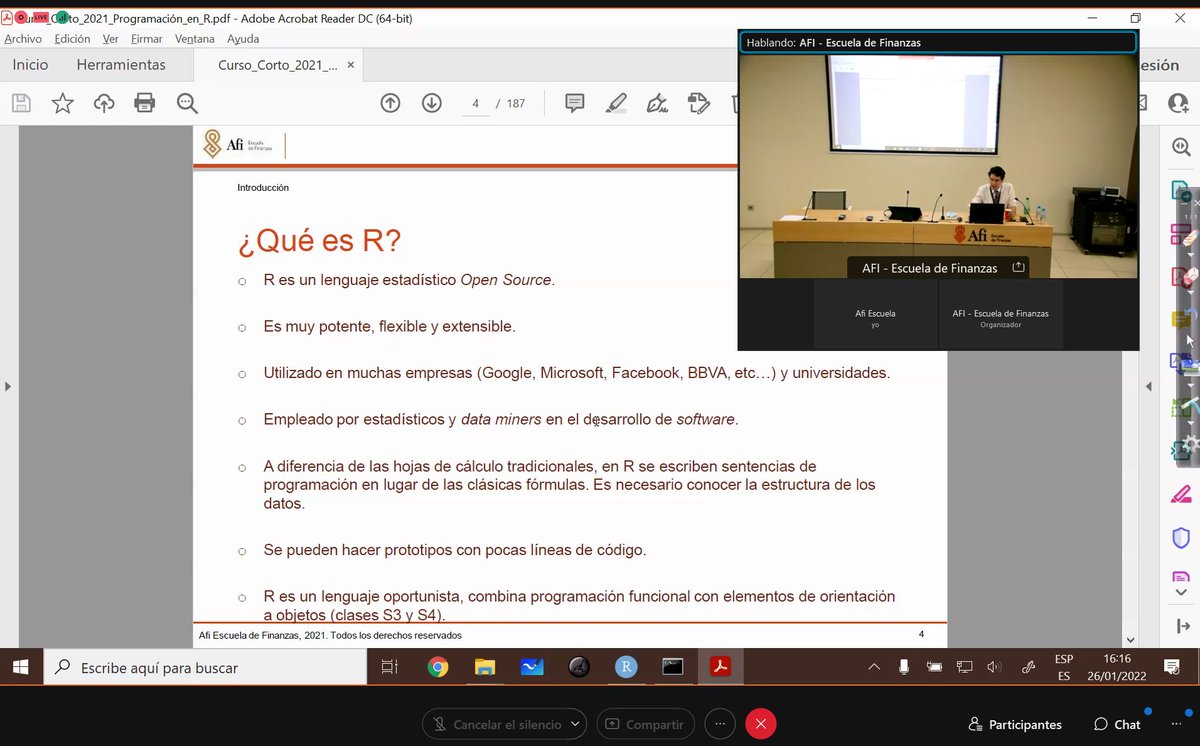 AfiGlobalEdu's tweet image. ¡Da comienzo la primera sesión del Curso Gratuito de Introducción a la #ProgramaciónEnR! 💻 ⏱
➡ De la mano de Manuel Rueda, consultor del Área de Finanzas Cuantitativas de @Afi_es, empezamos a ver las características, ventajas e historia de R.