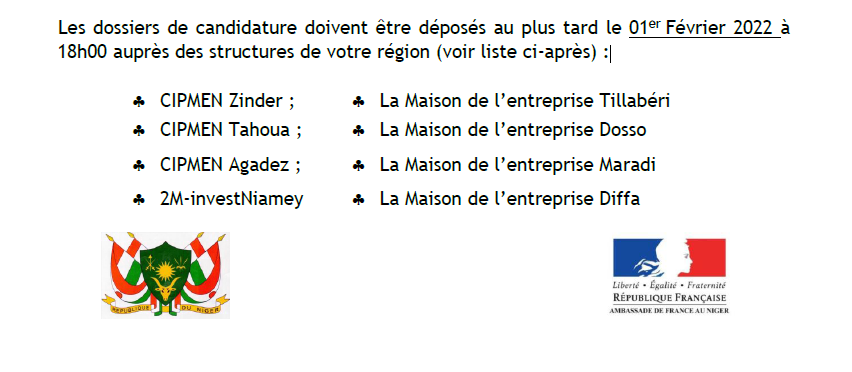 Resaen_Niger's tweet photo. Appel à candidature de la structure RESAEN(Réseau des Structures d'Accompagnement à l'Entreprenariat au Niger).
La date limite de dépôt des candidats au plus tard le 01er Février 2022 à 18h00 (voir liste et les renseignements ci-après) :
@ambafr_au_niger  
https://t.co/2V0wGeezrU https://t.co/Pf51xYbak3
