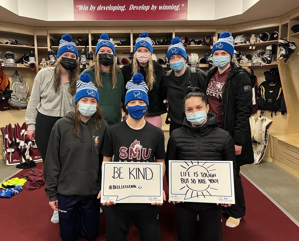 SMUHuskies's tweet photo. Our @smuhuskies hockey teams are participating in #BellLetsTalk Day, the world’s biggest conversation about mental health!
Mental illness is not weakness, so let’s end the stigma! Don’t be afraid to reach out to a friend, family member or teammate. We all need someone to talk to! https://t.co/T9U7MkqNd5