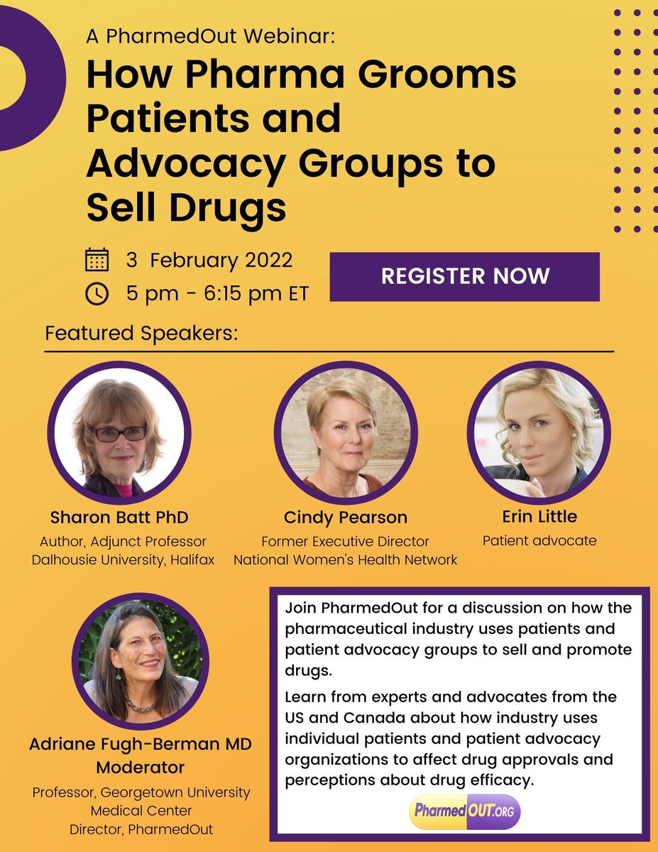 Pharmed_Out's tweet photo. Join PharmedOut on Thursday, February 3,  for our webinar, "How Pharma Grooms Patients and Advocacy Groups to Sell Drugs." Register here: https://t.co/mrAU4sq6KB #Pharma #Advocacy https://t.co/NVtl987erG