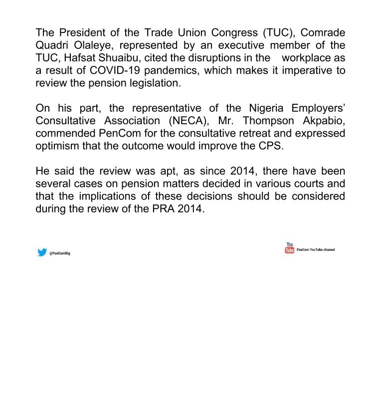 PenComNig's tweet photo. PenCom, Stakeholders hold retreat on review of the Pension Reform Act 2014 https://t.co/yrr9vSwcil