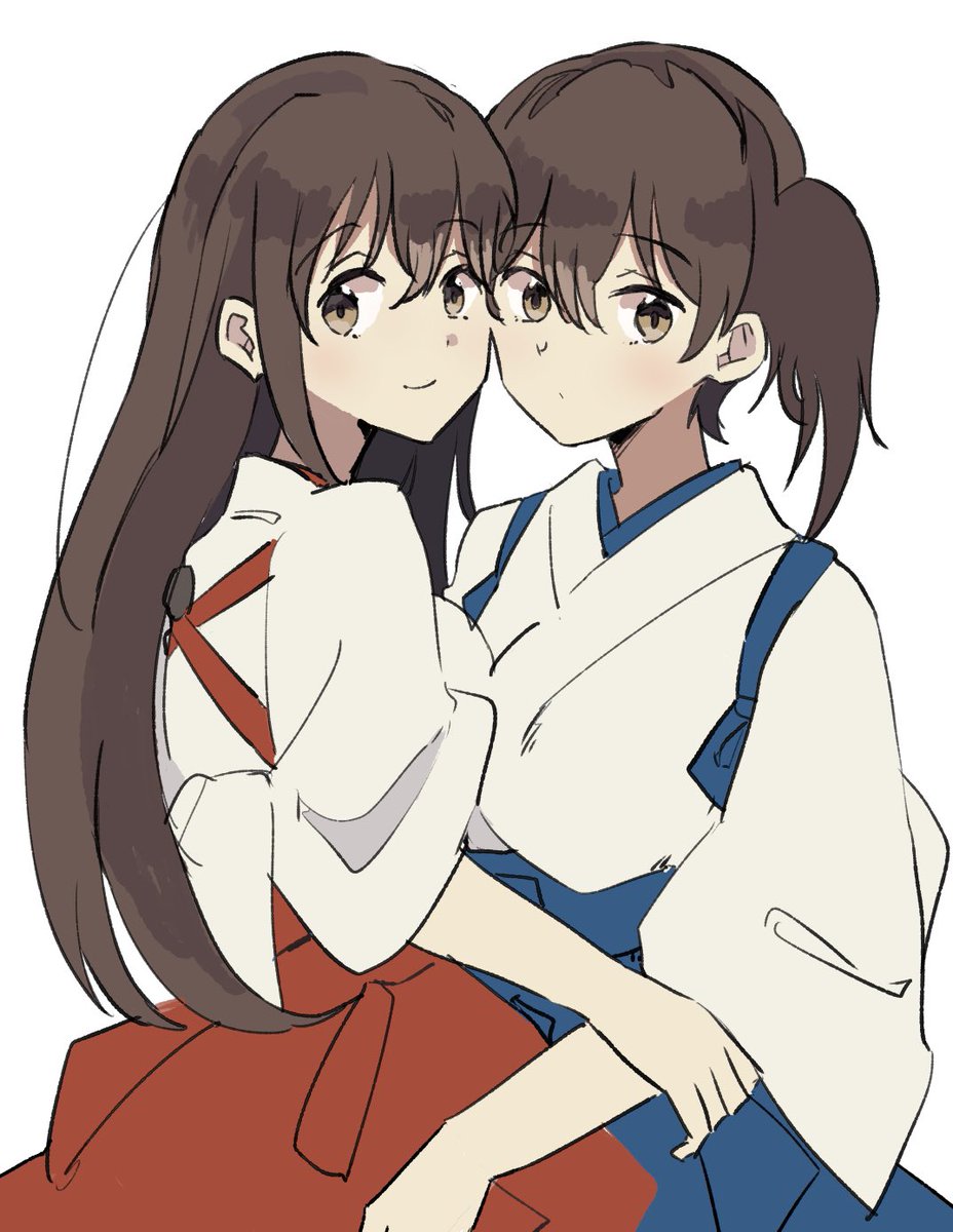 akagi (kancolle) ,kaga (kancolle) multiple girls 2girls long hair japanese clothes side ponytail hakama tasuki  illustration images