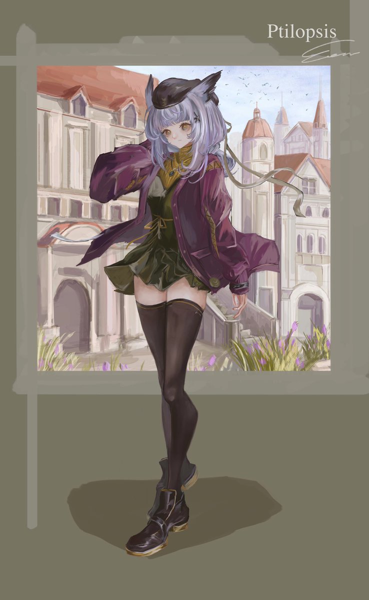 1girl solo thighhighs purple jacket black headwear jacket black thighhighs  illustration images