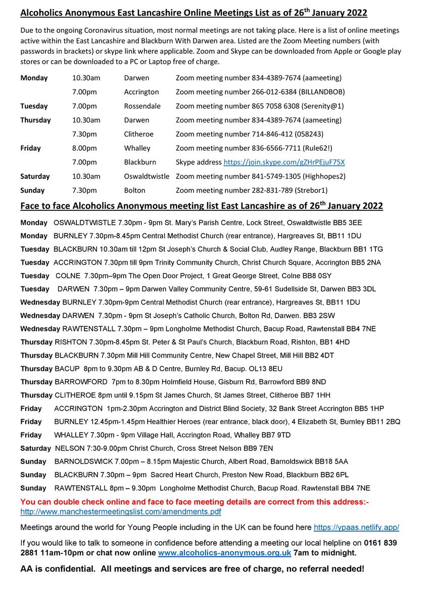 A new Face to Face &amp; online meetings list for East Lancashire is attached below including timing adjustments

F2F &amp; online meeting info in  Gtr Manchester &amp; Cheshire, please see the following link manchestermeetingslist.com/amendments.pdf

For Central, North #Lancashire, #Blackpool see tweet below