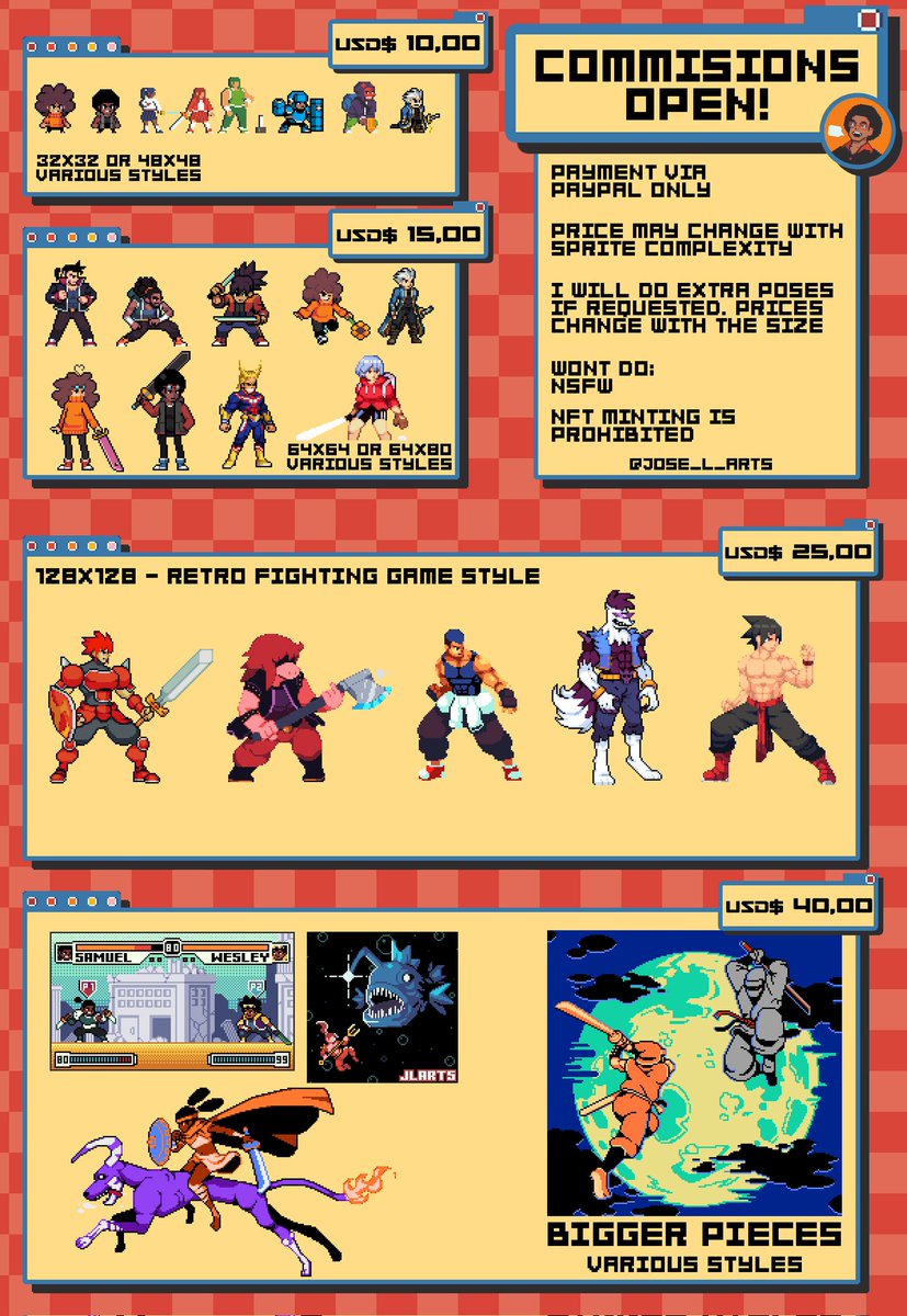 JLPixelart's tweet photo. Hey! my name is José, and I'm opening pixel art commissions! I'm currently in need of the money, so I have several slots open. DM me for any questions. 
❤️and🔄 very appreciated!
#pixelart #pixelartist #comissionsopen #ドット絵 https://t.co/AjOla1pMq3