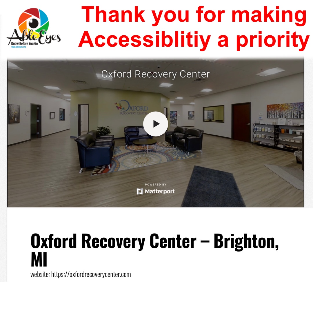 GoAbleVu's tweet photo. Oxford Recovery Center, thank you for making accessibility a priority.  @ableeyes.org/virtual-tours/oxford-recovery-center-brighton-mi/ #AbleEyesAccessible #AbleEyes #Accessibility #AccessibilityForAll #KnowBeforeYouGo #VirtualTours #VirtualToursHelpAll #Autism #Disability https://t.co/vmVG6rTzsw