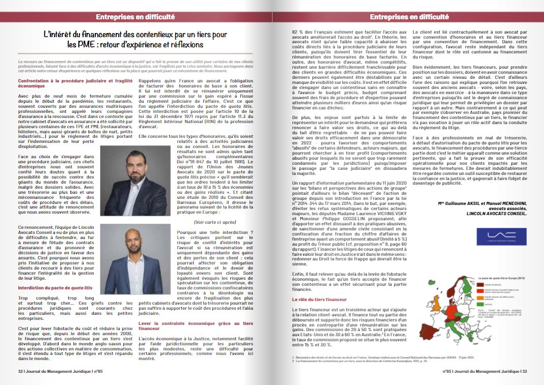 Dans le dernier Journal du Management Juridique, <a href="/GAksil/">Guillaume Aksil</a> et Manuel Meneghini abordent le sujet du financement des contentieux par un tiers

🔎Focus sur les PME, issu de notre expérience avec les restaurateurs fragilisés par la crise covid

👀Page 32 village-justice.com/articles/journ…