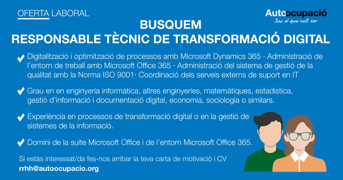 autoocupacio's tweet photo. 💼Oferta de feina: Responsable Tècnic de Transformació Digital

Aquí trobaràs tots els requisits de la vacant 👉 https://t.co/xgY6ihGxiS

Si t'interessa, envia la teva carta de motivació i el teu CV a rrhh@autoocupacio.org https://t.co/IJynkhb2Ct