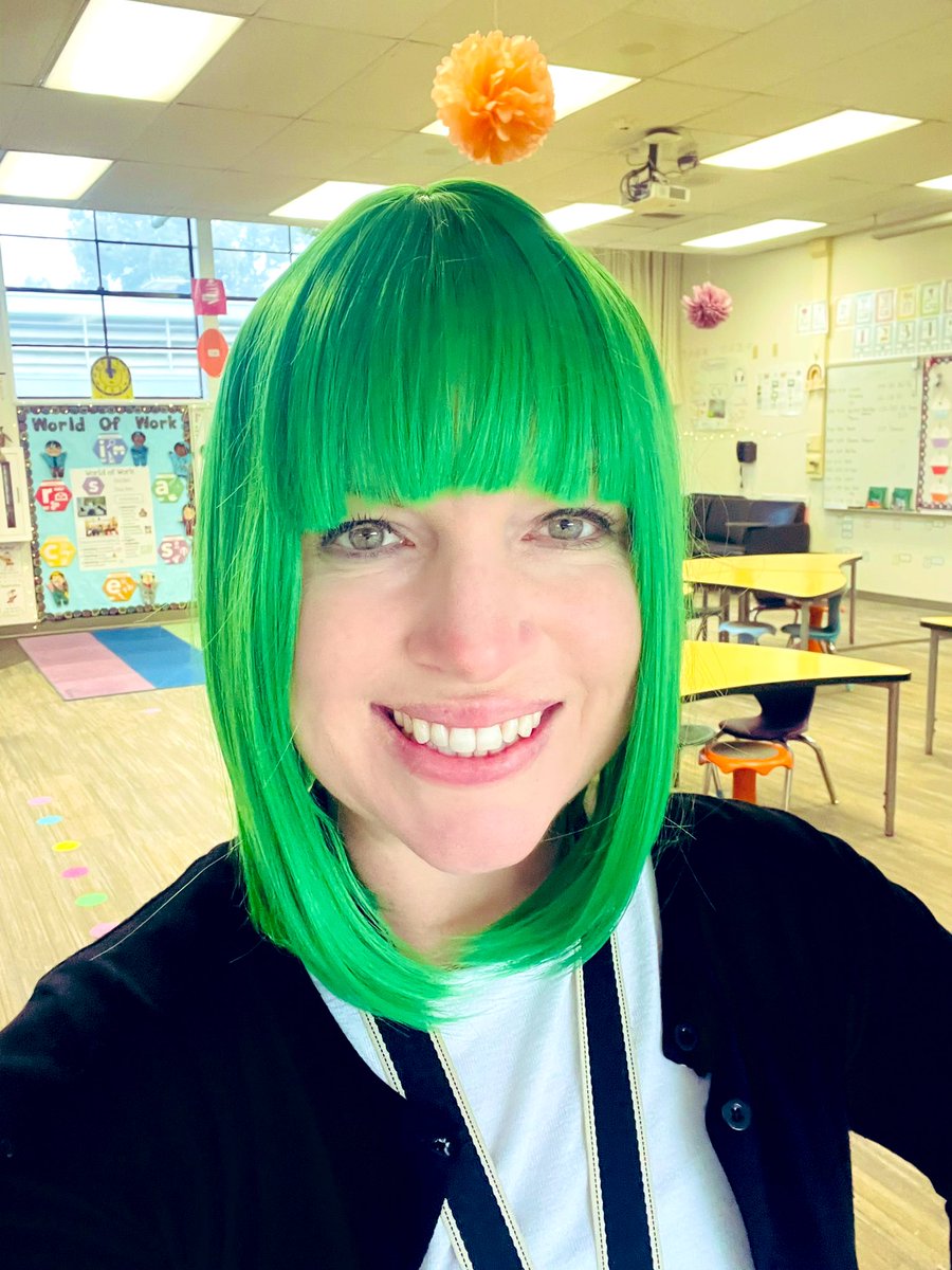 TeacherAlissa's tweet photo. I bet my students that if they all learned all their letters/letter sounds by February, I’d sport my green wig! I might try this every year! 😉 Proud of my littles who came in speaking no English and now know ALL their letters/sounds! #UseWhatWorks @CajonValleyUSD @MagnoliaCVUSD https://t.co/IuufpeRukC