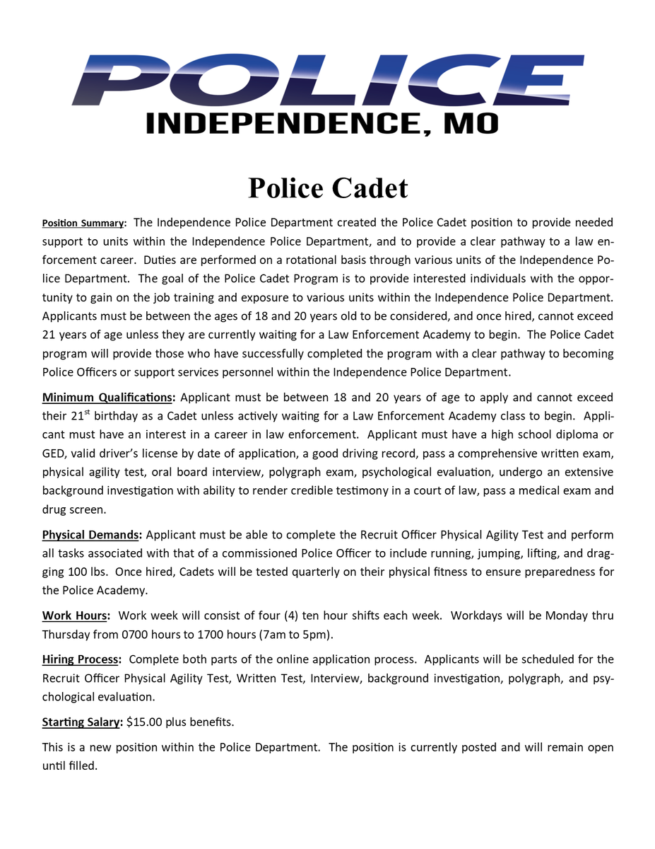 IndepMoPolice's tweet photo. Are you looking to start a career in Law Enforcement but don't meet the age requirement for Police Officer yet?  We are hiring for new Police Cadet Positions!  See the photo for details.
https://t.co/yNKbY6bdA1 https://t.co/SruyCEbBEn