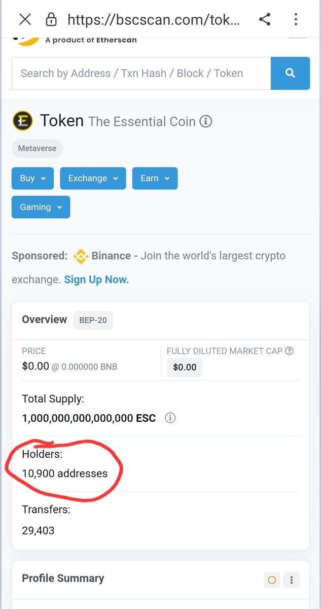 Another 100 Organic Holders Added To The @essentialESC Coin Family. We Are Breaking Barriers Even In This Bear Market Right Now. Our Community Are The Strongest Diamond Hands Of All Time. <a href="/elonmusk/">Elon Musk</a> <a href="/VitalikButerin/">vitalik.eth</a> <a href="/cz_binance/">CZ 🔶 BNB</a> <a href="/PancakeSwap/">PancakeSwap</a> <a href="/Coinnmarketcap/">CoinMarketCap</a> <a href="/coingecko/">CoinGecko</a>.      ✅🏛💎🎥