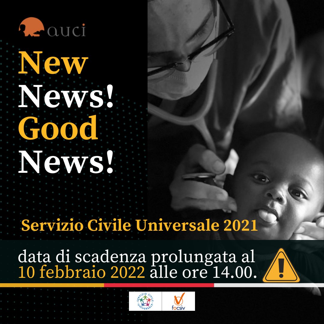 Servizio Civile 2021 
Scadenza prorogata al 10/02/2022 ore 14.
Info: bit.ly/3rwDPEr
#auci #focsiv #serviziocivile #volontariato #africa #ambiente #salute #diritti #giovani #valori #italia #policlinicogemelli  #caschibianchi  #scu #perù #Mozambico #Kenya #Madagascar #Perù