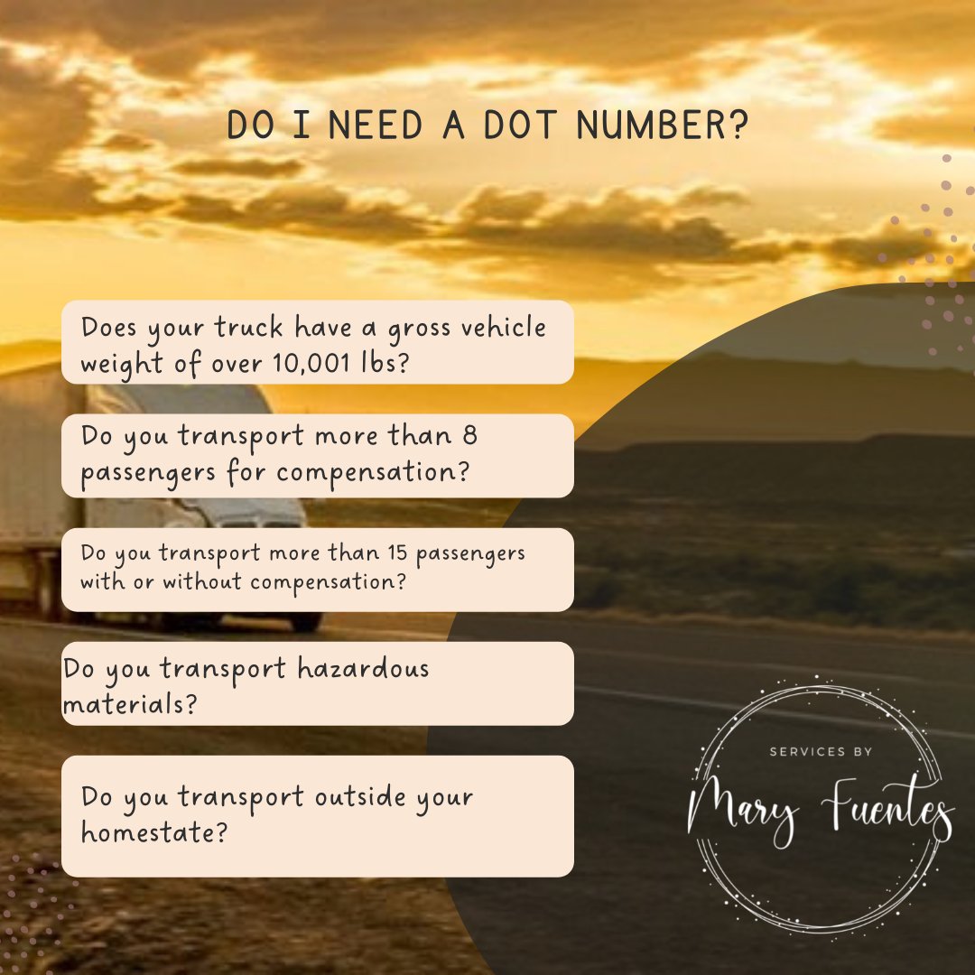 TheMaryFuentes's tweet image. If the answer is yes to those questions, then Yes, you need a DOT Number!

#DOTNumber #Hotshot

Services By Mary Fuentes
☎410-934-9836
✉servicesbymaryfuentes@gmail.com
🖥servicesbymaryfuentes.com