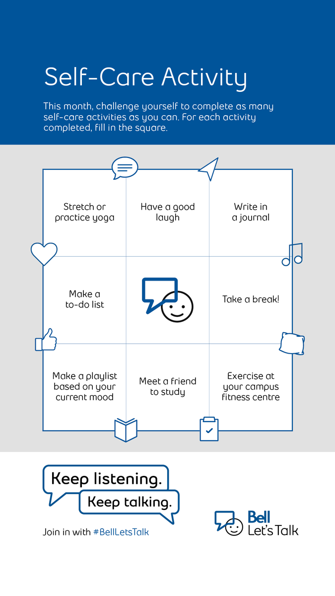 Self care is different for everyone. What works for you? #BellLetsTalk