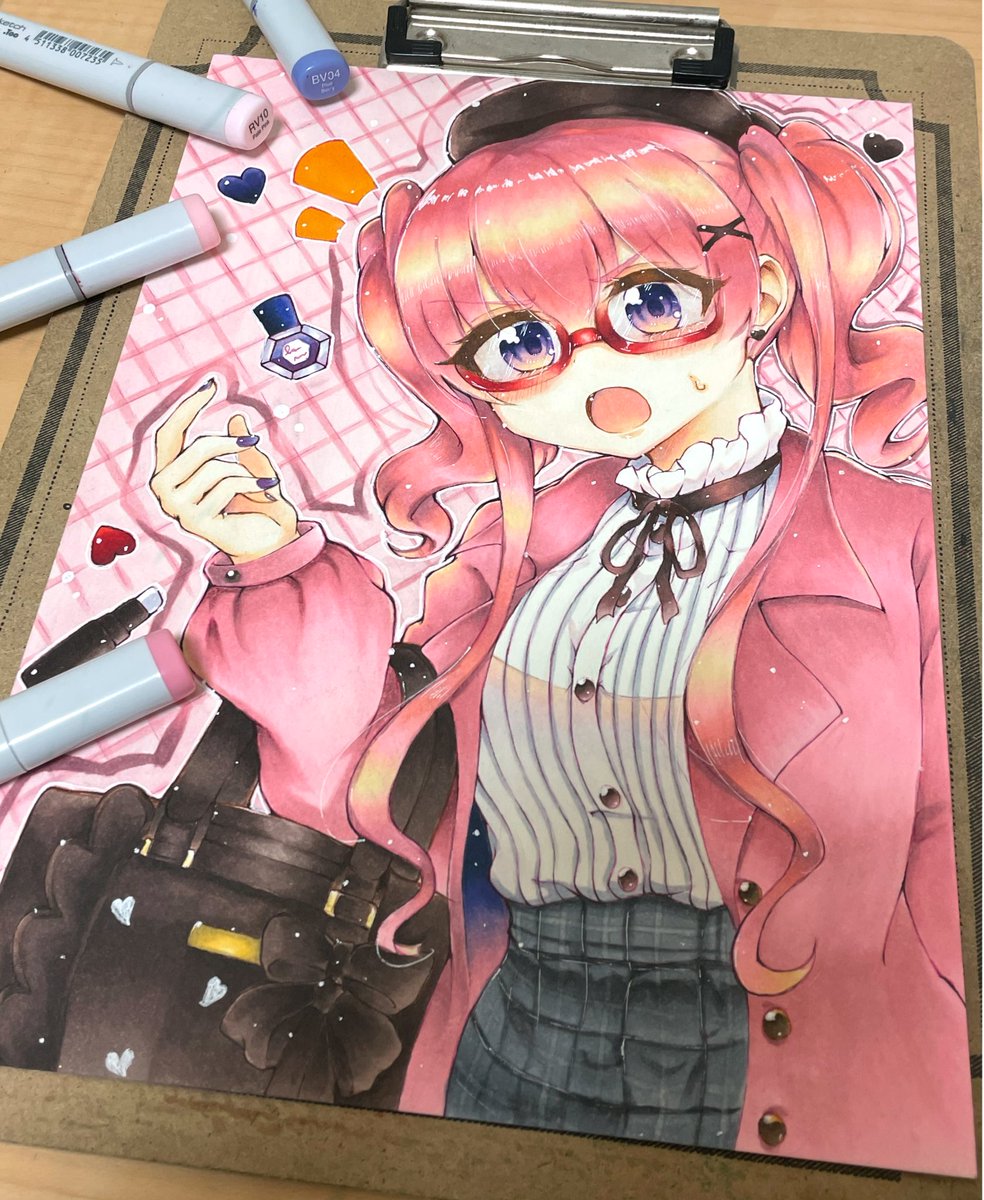 1girl traditional media solo marker (medium) glasses pink hair skirt  illustration images
