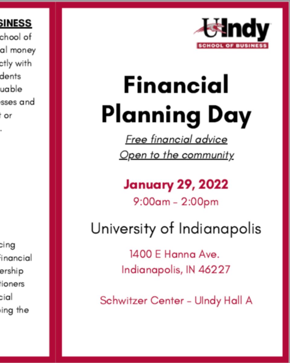 GPSG_IUPUI's tweet photo. The University of Indianapolis School of Business is holding a financial planning day, which is open to all, on πΊπππππ
ππ, π±ππππππ 29ππ ππππ 9ππ ππ 2ππ. RSVP by QR code or at: https://t.co/9oFwy9tNLY
#financialwellness #gradjag https://t.co/pehBXr0WTJ