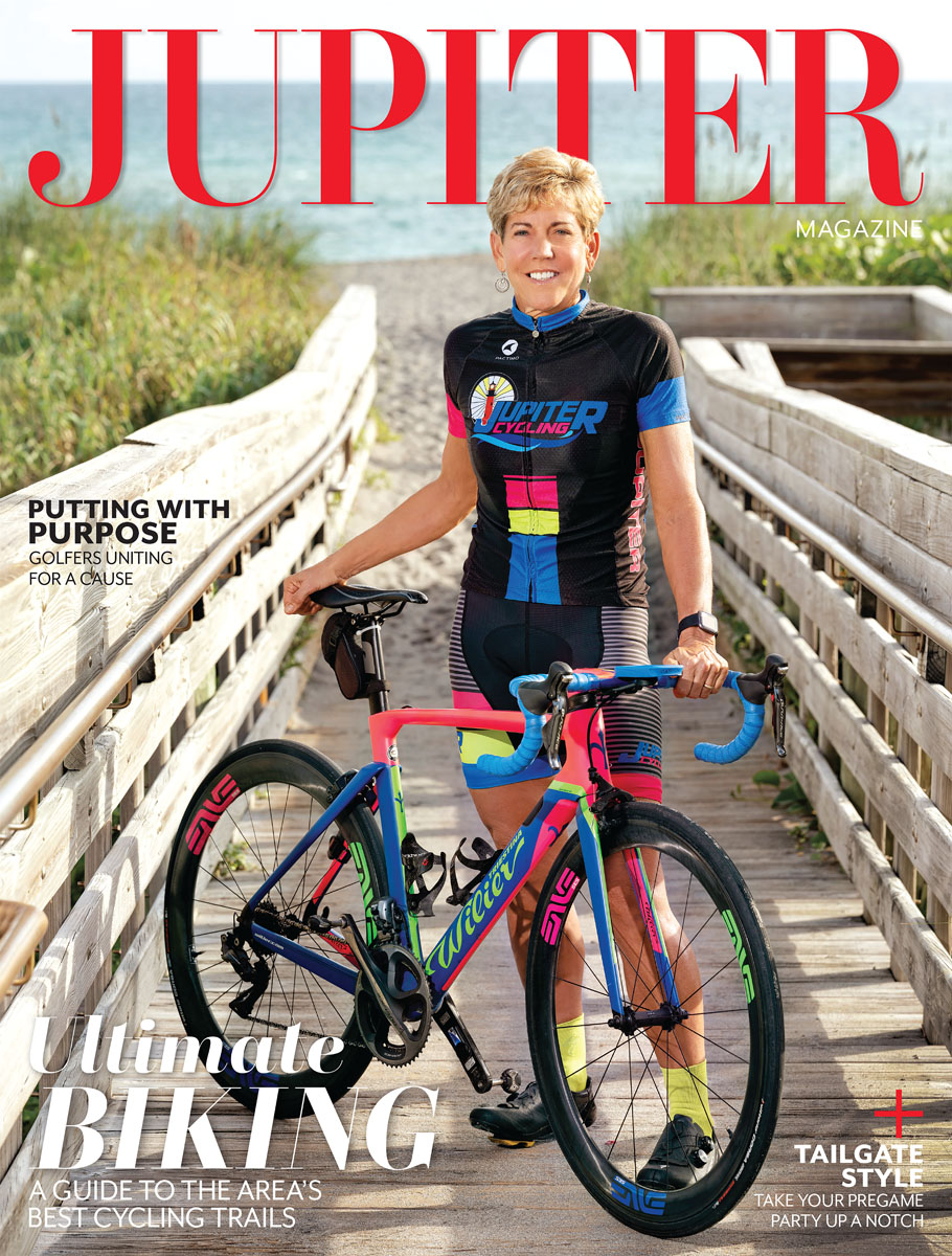 JupiterMagazine's tweet image. Catch Jupiter resident Kathy Petrillo... if you can. The World Record-setting cyclist and February cover star is one of four local riders sharing their love of the sport and the causes they ride for in the issue. 

Cover shot by Steven Martine. Story by Kerry Shorr.