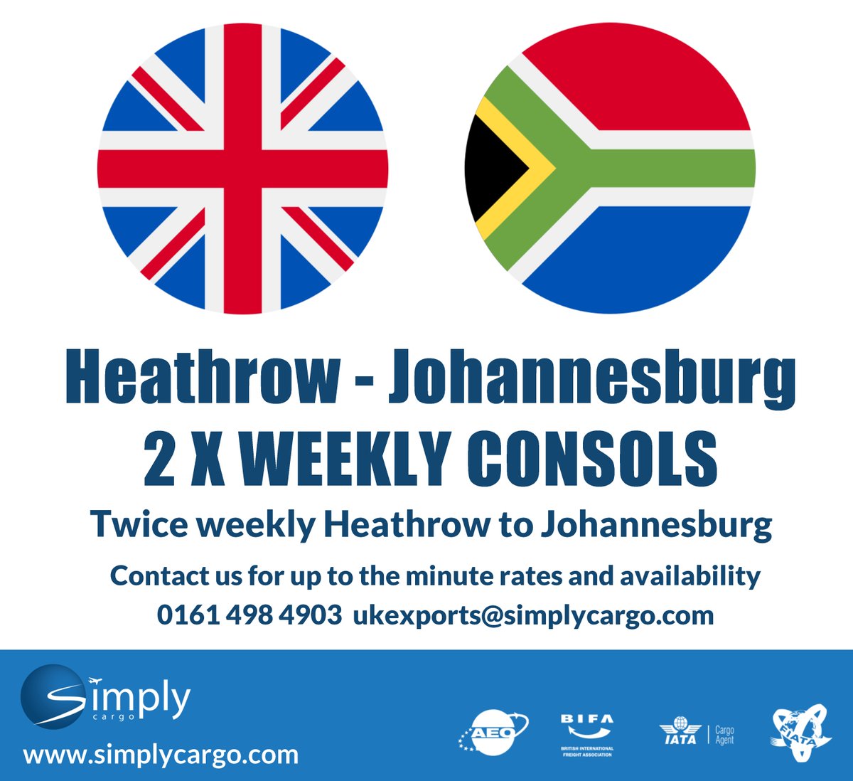 simplycargo's tweet photo. Shipping to South Africa? Contact us at Simplycargo for quotes on our twice weekly #Heathrow – #Johannesburg Consols. 
Ex #LHR days 3&amp;7 on VS service. 
Tel: 0161 498 4903 ukexports@simplycargo.com
https://t.co/uWQR2Szzom

#freight #airfreight #exports #southafrica #consolidation https://t.co/70FORXdLMp