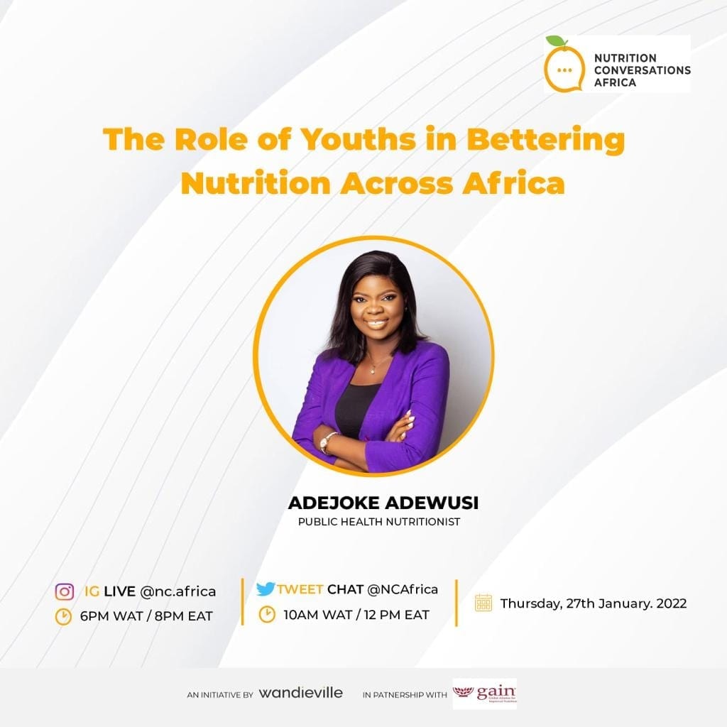 Nutrition Conversations Africa (@ncafrica) on Twitter photo Tomorrow, <a href="/adejoke_adewusi/">AdejokeTheNutritionist</a> will be sharing with us from her wealth of knowledge! Join us to find out what youths can contribute to improve the African nutrition landscape. Tomorrow, <a href="/adejoke_adewusi/">AdejokeTheNutritionist</a> will be sharing with us from her wealth of knowledge! Join us to find out what youths can contribute to improve the African nutrition landscape.