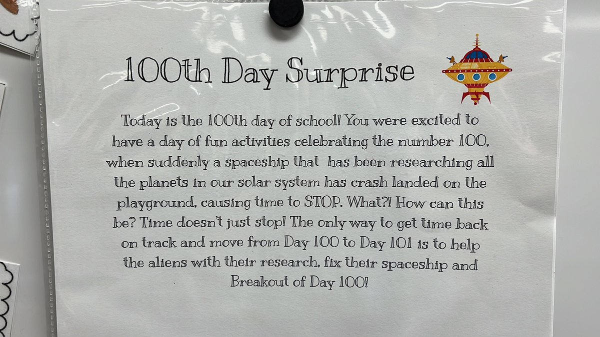 The challenge is set. 4th graders are you 100 days smarter? Can you beat the timer and breakout? @hickscanyontusd <a href="/breakoutEDU/">Breakout EDU</a> #wearetusd