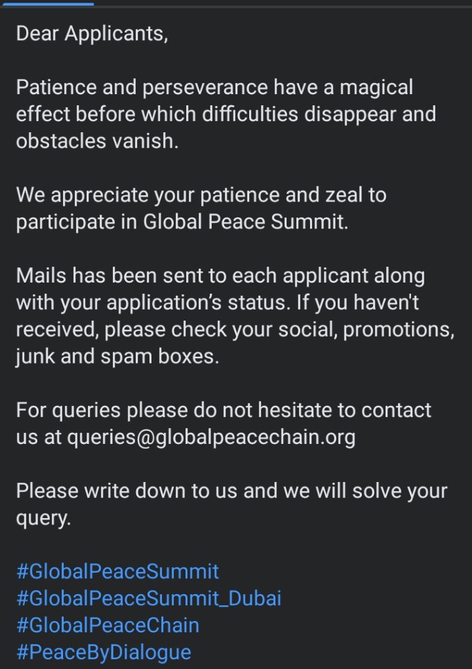 For queries please do not hesitate to contact us at queries@globalpeacechain.org

#GlobalPeaceSummit
#GlobalPeaceSummit_Dubai
#GlobalPeaceChain
#PeaceByDialogue

globalpeacechain.org
