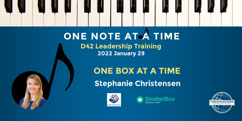 ToastmastersD42's tweet photo. 📣D42 #Toastmasters #LeadershipTraining ONE NOTE AT A TIME Jan 29, 1-4 PM, MST/ 2-5 PM, CST
Key🎵 speaker @ShelterBoxCan Stephanie Christensen #OneBoxAtATime
✔️Register now https://t.co/Iiwh8ndIuu
#WhereLeadersAreMade #ShelterBox #MasterTheSkill #ProfessionalDevelopment https://t.co/dQEvqoCQ3H
