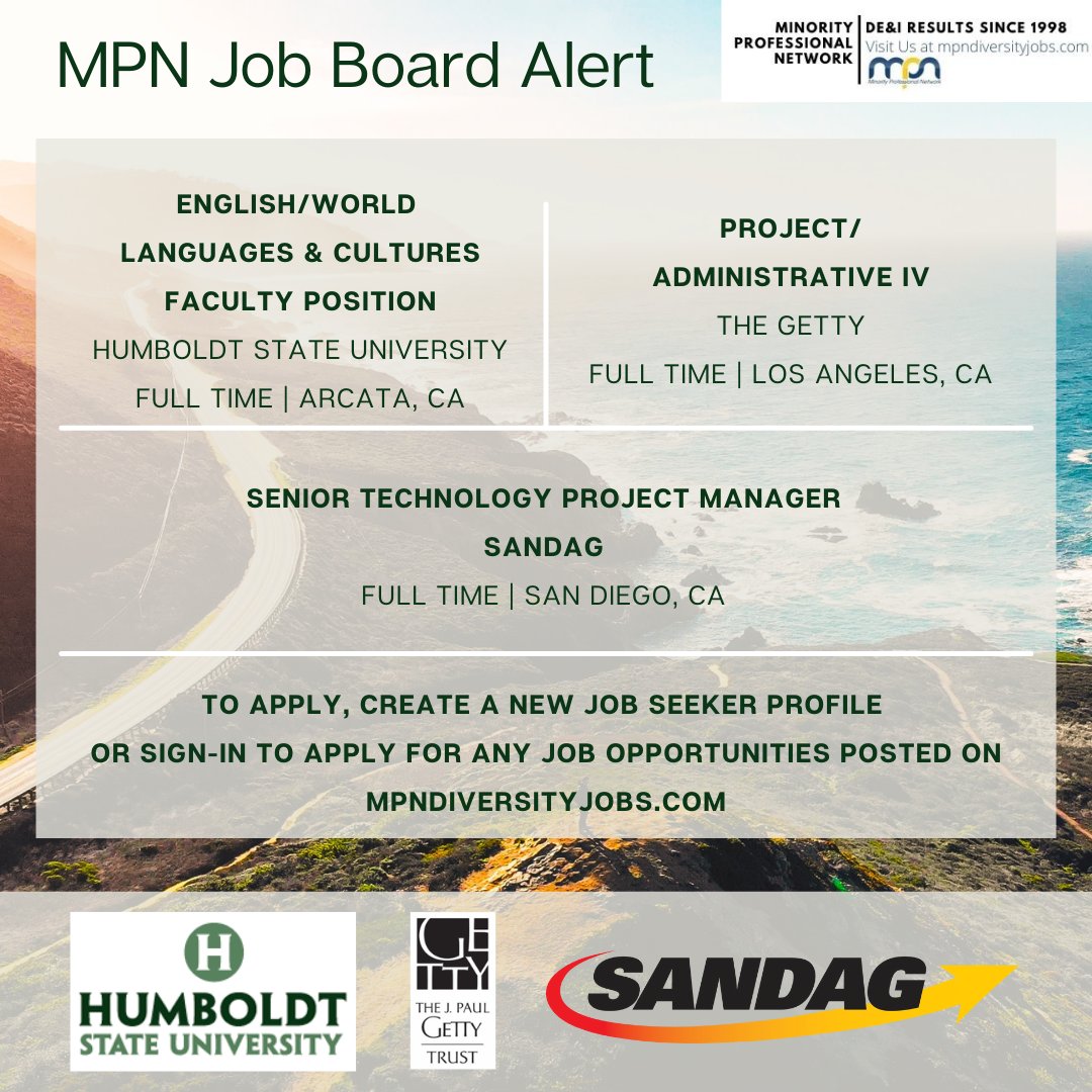 mpndiversityjob's tweet photo. CA MPN Job Board Alert
https://t.co/2SK9Buh4ZV

English/World Languages &amp; Cultures Faculty Position
Humboldt State University
https://t.co/mmS6T4bmsP 

Project/Administrative IV
The Getty
https://t.co/UOnWU4Np0Q

Senior Technology Project Manager
SANDAG
https://t.co/go1jsONRqQ https://t.co/mBbkyw933o