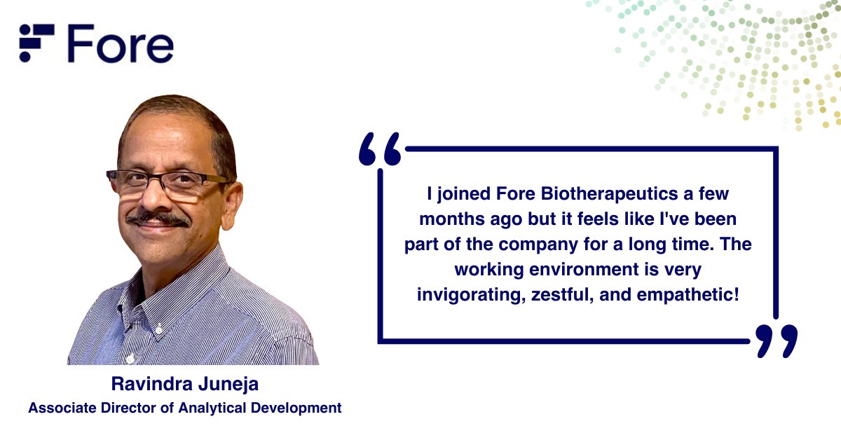 ForeBiotx's tweet photo. Meet #TeamFore: Ravi Juneja, Associate Director of Analytical Development, appreciates Fore’s collaborative work environment. He leverages his natural curiosity and scientific expertise to find better solutions for #cancer patients. Learn more about us: https://t.co/BJQ56uW47n https://t.co/CXxnOyIgdE