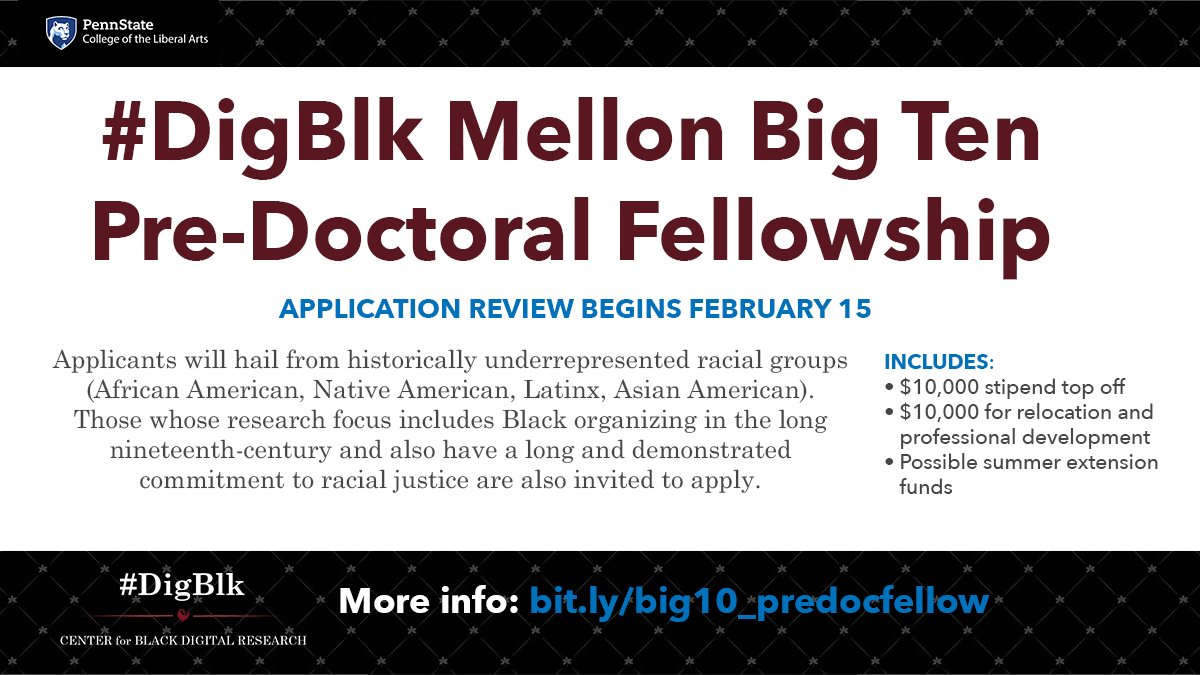 Let's diversify #DH!
Application review for the #DigBlk Mellon Big Ten Pre-Doc Fellowship begins in a few weeks.
APPLY NOW!👉bit.ly/big10_predocfe…
