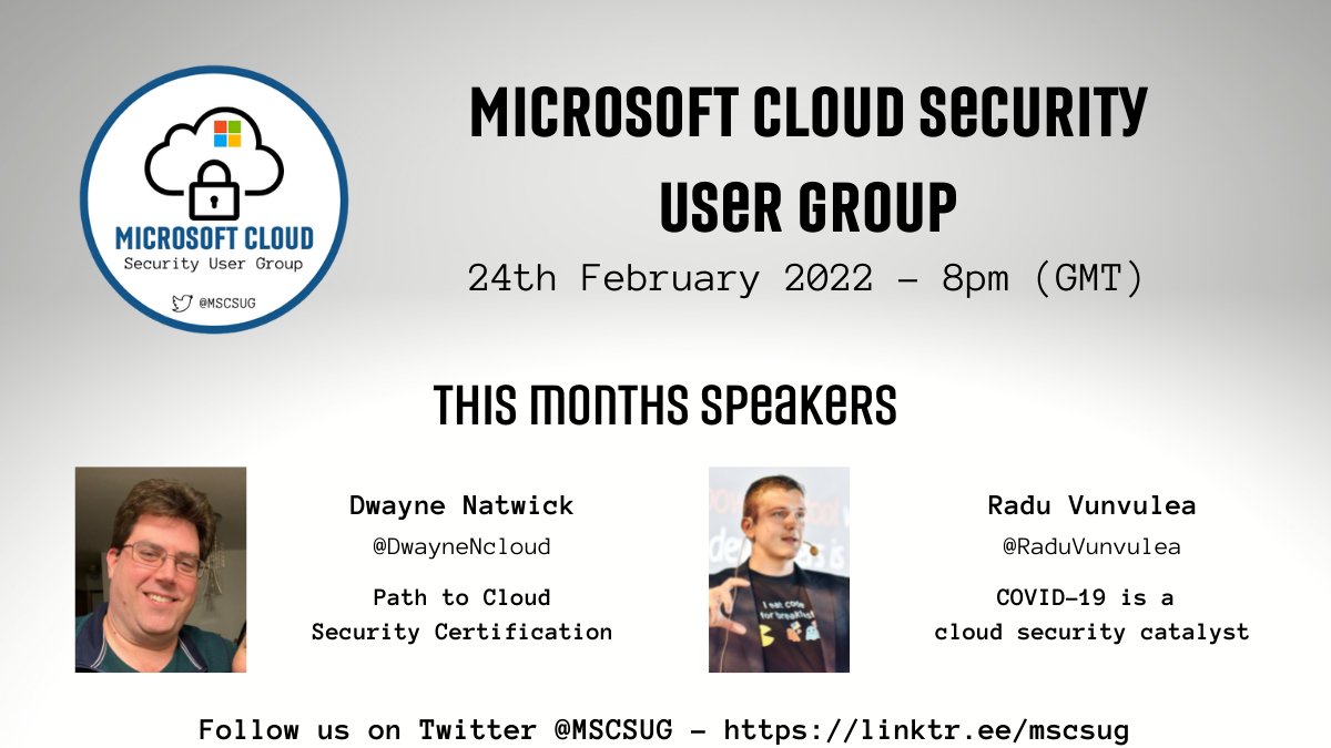 MSCSUG's tweet image. Agenda Announcement - For our first session on 24/02/22 @ 8pm - We will be joined by @DwayneNcloud talking about the Path to Cloud Security Certification and @RaduVunvulea talking about COVID 19 is a Cloud Security Catalyst.  Join us bit.ly/3ACKmBM 
#mscsug #msftsecurity