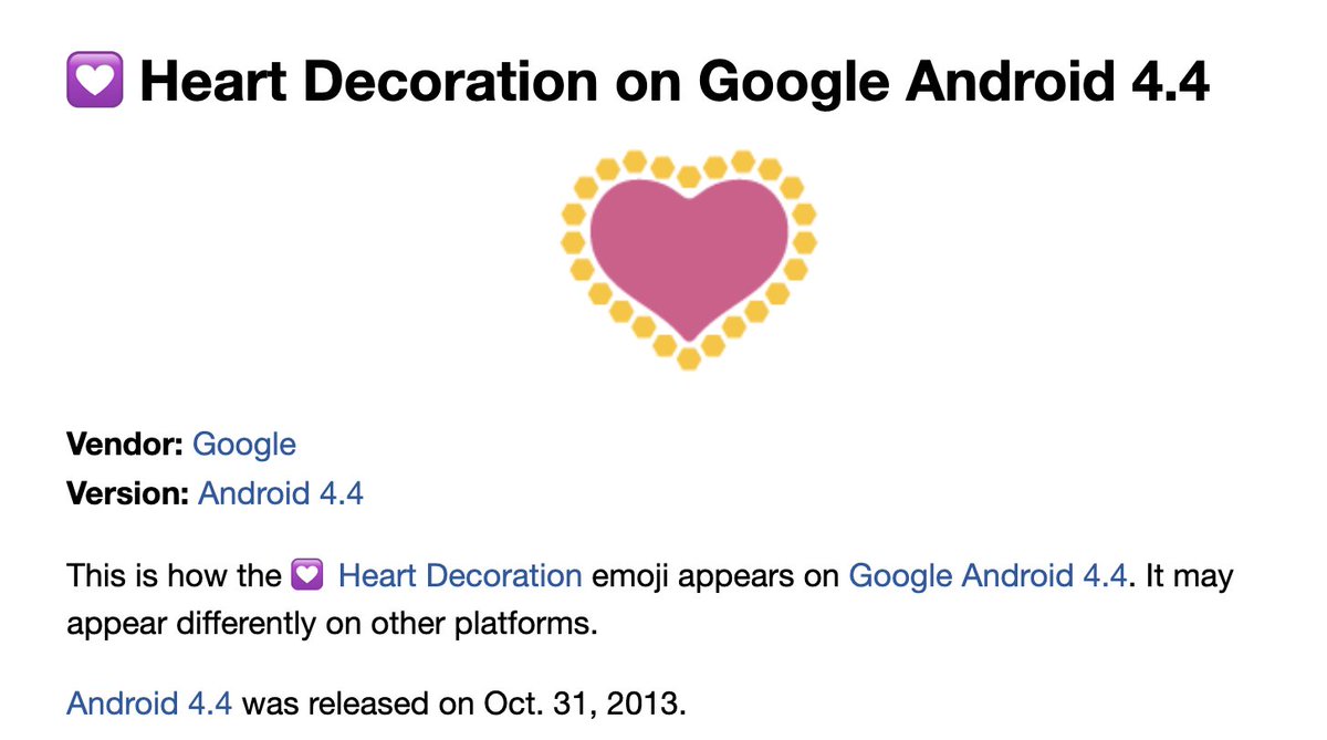 jenniferdaniel's tweet photo. Google's hairy heart in Emoji 4.4 is pretty legendary but TIL about …

Diamond heart (now 💙)
Sweaty heart (now 💚)
and 
Light up heart (now 💟)

(For those unfamiliar, hairy heart is now 💛, the result of misinterpreting Unicode's black and white reference images 😆) https://t.co/N90vLCHWw1