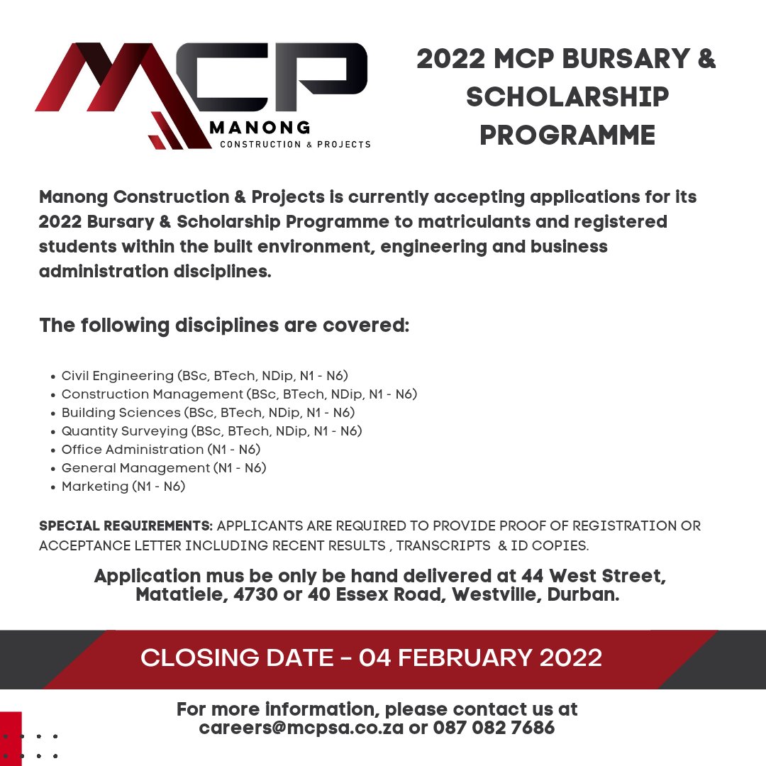 MCPSA1's tweet photo. Manong Construction &amp; Projects is currently accepting applications for its 2022 Bursary &amp; Scholarship Programme. The closing date is 04 February 2022. For more info, contact us at info@mcpsa.co.za https://t.co/LnGdSCqNq5