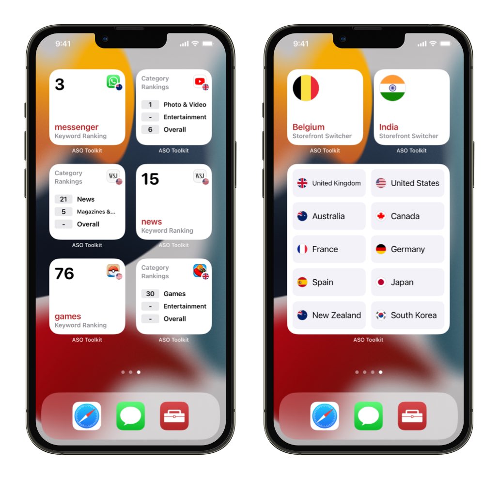 ASO_Toolkit's tweet photo. To go with the new Siri Shortcut, we’ve added a Widget for the Storefront Switcher too! 🤩

Add the small widget size for a single country or go all the way up to Extra Large and display multiple countries! 🌐

Pair these up with the existing widgets for a powerful Home Screen! https://t.co/VBiTfNk8RZ