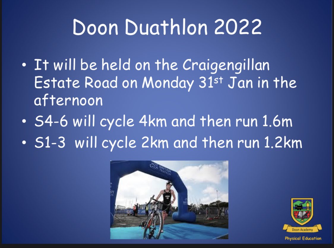 The Doon Duathlon takes place on Monday 31.01, pupils should see Miss Calder in PE for more information. Here’s hoping for some nice weather! #TeamDoon #DoonDuathlon #healthandwellbeing ☀️ 🚴 🏃‍♀️