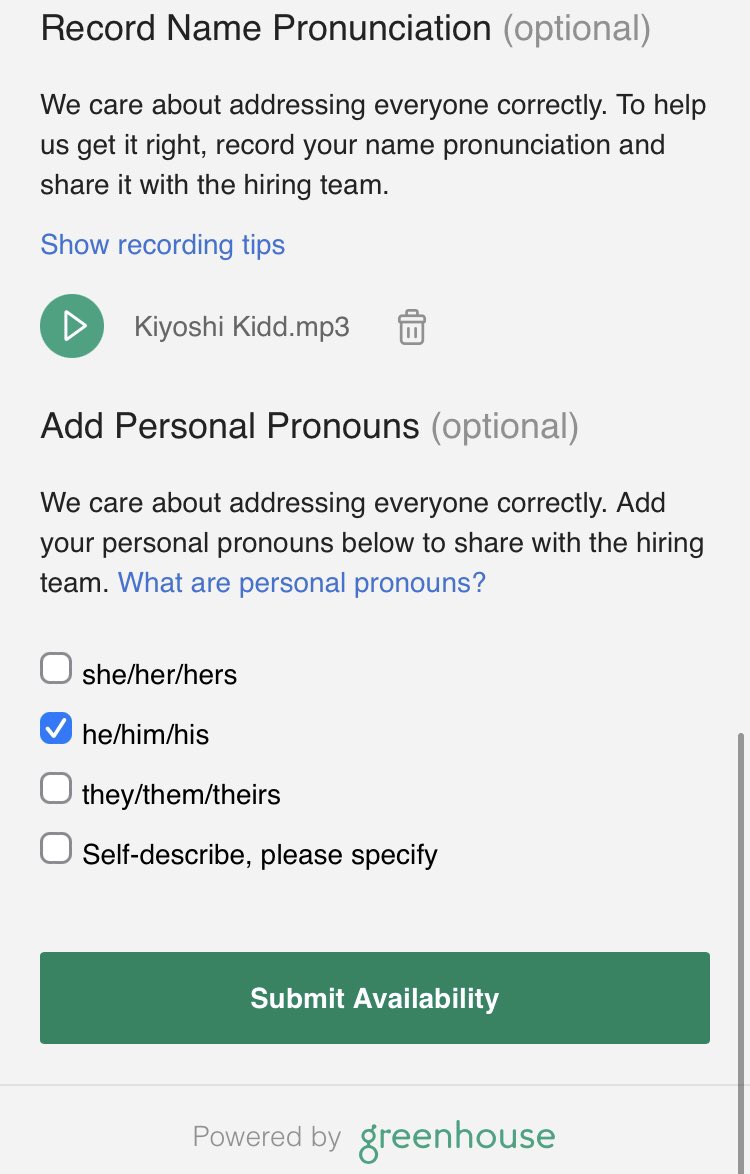 SalesforceKidd's tweet image. This. Is. Genius. 

If you’re in #HR or #recruiting Ops you should look into implementing something like this! 

VERY FEW PEOPLE PRONOUNCE MY NAME CORRECTLY. 

This as amazing.

#hrops #saas