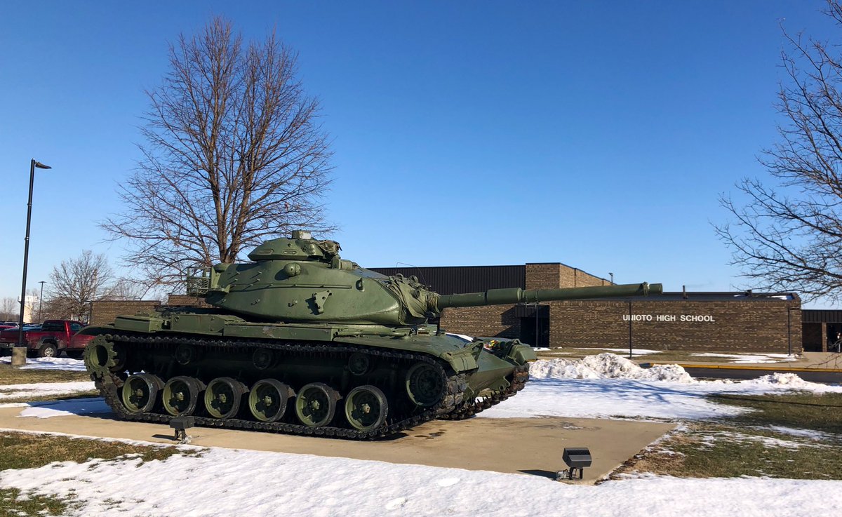 CoachBrianMetz's tweet photo. Go Shermans! 🇺🇸 🇺🇸 🇺🇸 

Great stop at @UniotoHS this morning!! Only school I’ve ever seen with a TANK out front! 🪖

#OhioFamily😼 @OhioFootball @arudolph53 @MattHoops10 @UniotoFootball https://t.co/oLc8FwhRUx