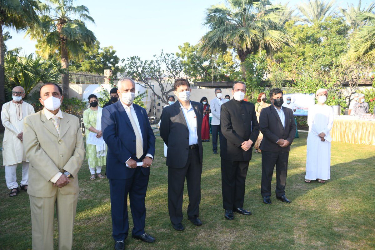 DDNewslive's tweet photo. @Indemb_Muscat celebrated 73rd Republic Day of India with high patriotic fervour. On this occasion Amb @Amit_Narang
 unfurled the Tricolor and read excerpts from Hon’ble President’s address to the nation.

#AzadiKaAmritMahotsav
#RepublicDay2022 
@MEAIndia https://t.co/1tdet7HBoL