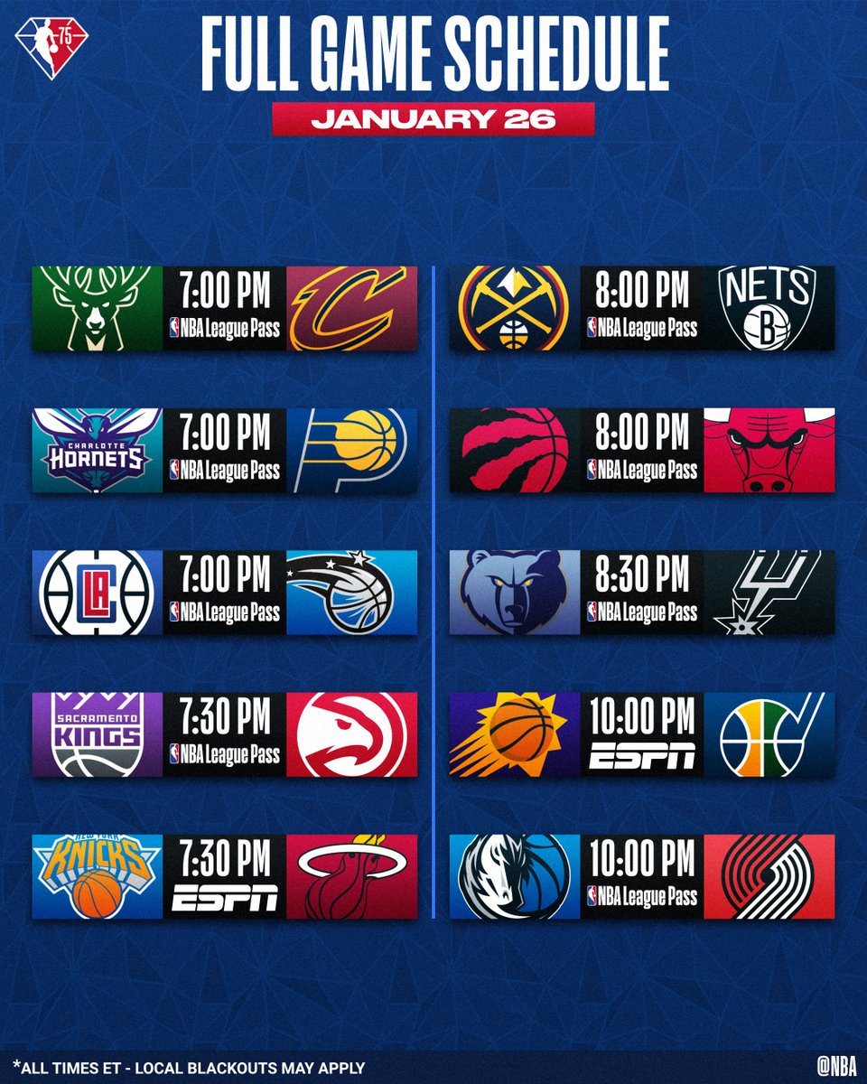 10-game Wednesday night.

▪️ #1 in the East Heat take on Knicks
▪️ Hawks seek 5th straight win, host Kings
▪️ Jokic coming off 28p/21r/9a last night, Nuggets visit Nets
▪️ Suns seek 8th straight win, visit Jazz

📺: ESPN
📱💻: NBA League Pass
➡️: app.link.nba.com/e/SCHEDULE