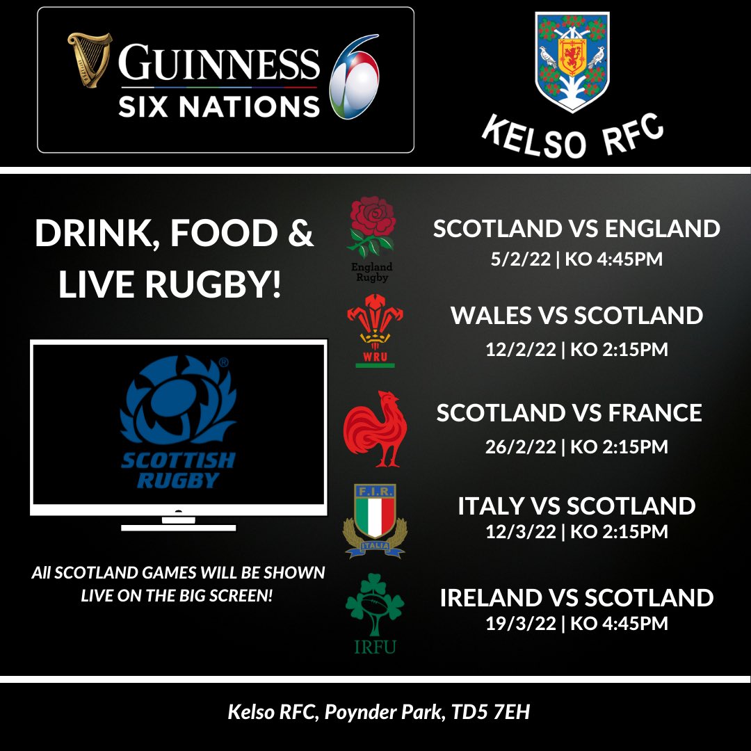 Kelso RFC will be opening its doors for all of this years 6 Nations games. Come down and enjoy a drink, food and some live 6 nations rugby on the big screen! 

Details on <a href="/Scotlandteam/">Scottish Rugby</a> 6 Nations games below ⬇️ 

⚫️⚪️

#OneClub #OneCommunity #SupportyourClub