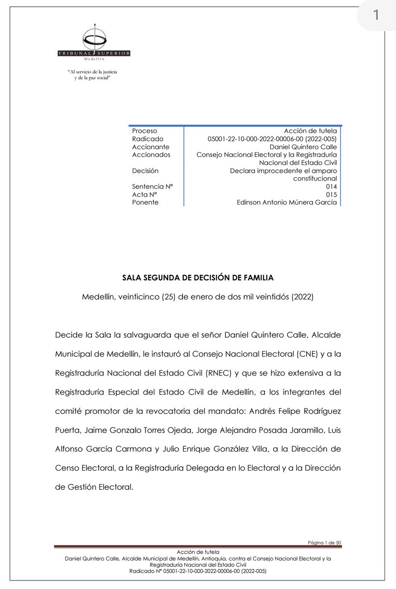 AndresGuryRod's tweet photo. Y se declara improcedente la tutela de @QuinteroCalle en contra de la #RevocatoriaDanielQuintero y la revisión de firmas de la @Registraduria 

Ganamos todo! Vamos por la revocatoria! #DanielSiSeVa https://t.co/rScbkSgP4C