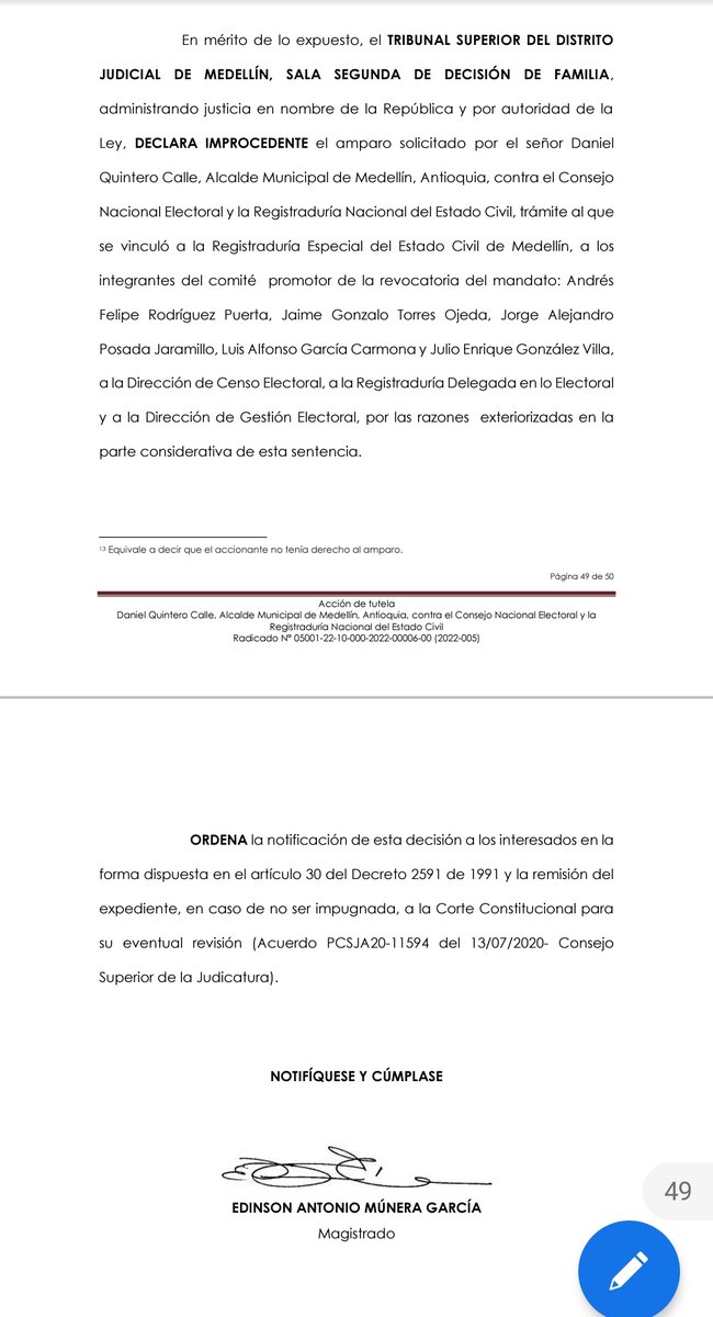 AndresGuryRod's tweet photo. Y se declara improcedente la tutela de @QuinteroCalle en contra de la #RevocatoriaDanielQuintero y la revisión de firmas de la @Registraduria 

Ganamos todo! Vamos por la revocatoria! #DanielSiSeVa https://t.co/rScbkSgP4C