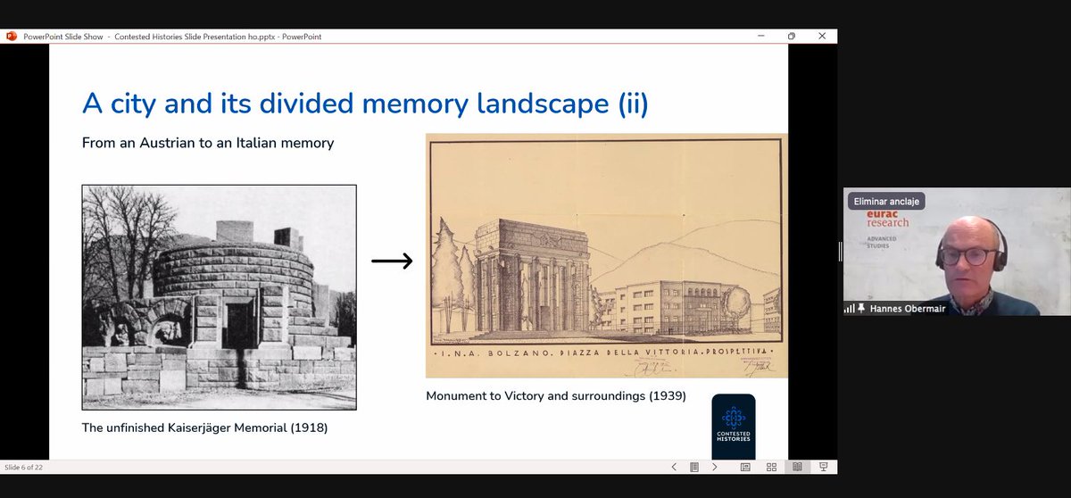 ContestedH's tweet photo. Let's kick off the second part of the online tour and lecture with Hannes Obermair, historian and exhibition curator. "Bolzano has a very much divided memory landscape", says Obermair, while providing historical context of the city. #ContestedHistories https://t.co/yDz95pOFHv