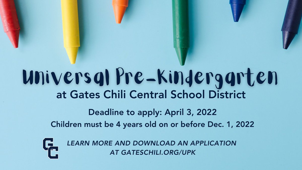 It's time to apply for Universal Pre-Kindergarten! 📚✏️ Applications can be found at gateschili.org/upk. They're due no later than April 3! #GCPride #GCCares
CC: <a href="/NeilArmstrongES/">Neil Armstrong ES</a> <a href="/Brasserway/">Florence Brasser Elementary</a> <a href="/PaulRoadSchool/">Paul Road Panthers</a> <a href="/gcwaltdisney/">GC Walt Disney Elementary School</a>