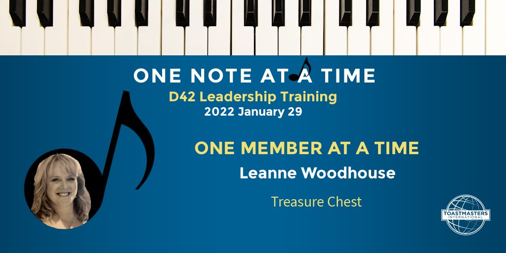 ToastmastersD42's tweet photo. 📣Join D42 #Leadership #Training Jan 29, 1- 4 PM, MST/2-5 PM CST 🎵 ONE NOTE AT A TIME 🎵
🔜Leanne Woodhouse talks about rebuilding your club #OneMemberAtATime
✅Register now https://t.co/Iiwh8ndaEW
#WhereLeadersAreMade #MasterTheSkill #Toastmasters #ProfessionalDevelopment https://t.co/QEx4uPm8I5