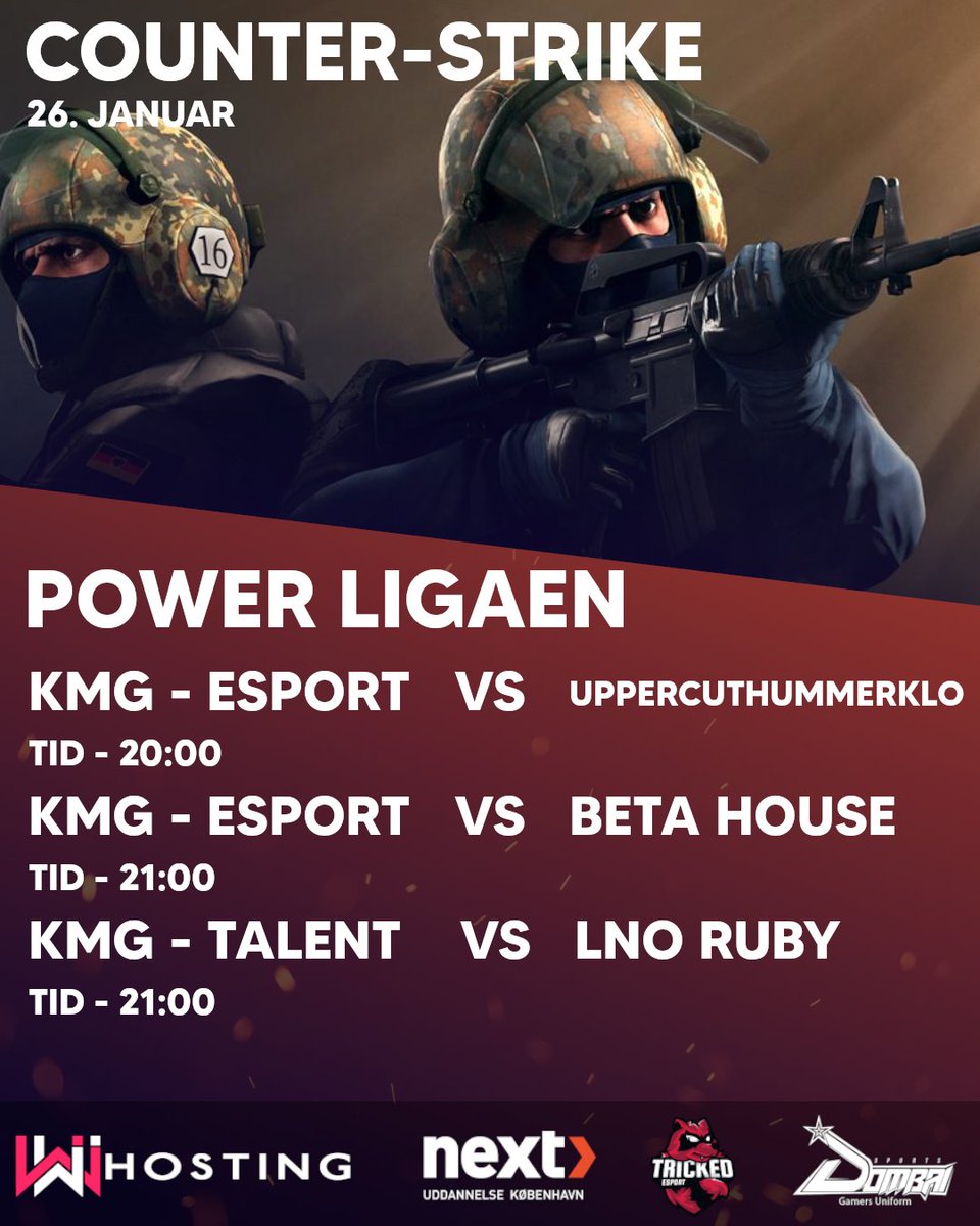 KMG_ESPORT's tweet photo. I dag spilles der hele 3 kampe!🔥

KMG Esport møder i aften @UppercutHK kl. 20 og #BetaHouse kl. 21!

KMG Talent spiller mod @LNO_gg kl. 21!

GLHF

#ForzaKMG

@Dombai_Europe , @TRICKED_esport , @WiWiHosting 
#NextUddannelseKøbenhavn https://t.co/p6wf91cwYp